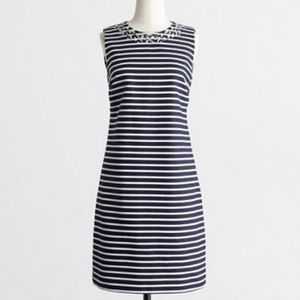 NWT J Crew Navy White Stripe Rhinestone Beaded Sleeveless‎ Sheath Dress Size 4